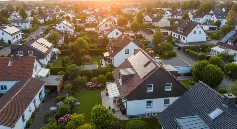 Aerial drone view of typical German residential neighborhood with mixed roof types, red and dark roof tiles, gardens visible, sunny day