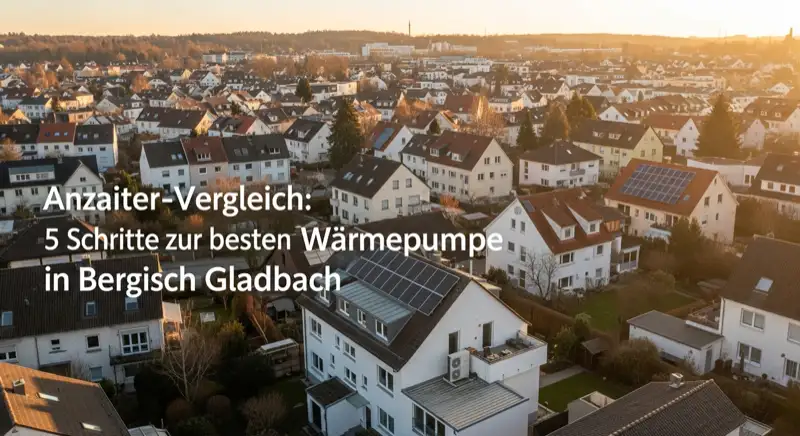 Aerial drone view of typical German residential neighborhood with mixed roof types, red and dark roof tiles, gardens visible, sunny day