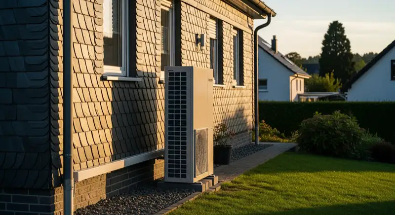 Moderne Wärmepumpen-Außeneinheit vor typischem Bergisch Gladbacher Einfamilienhaus mit Schiefer-Fassade