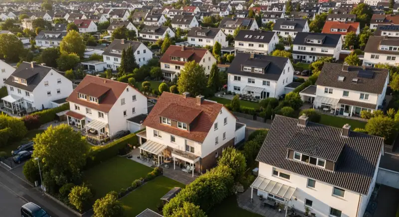 Aerial drone view of typical German residential neighborhood with mixed roof types, red and dark roof tiles, gardens visible, sunny day