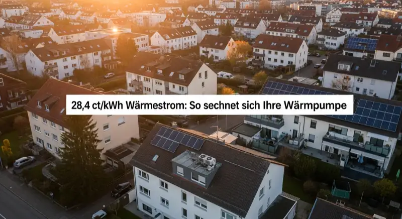 Aerial drone view of typical German residential neighborhood with mixed roof types, red and dark roof tiles, gardens visible, sunny day
