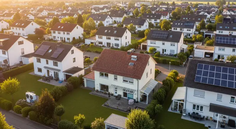 Aerial drone view of typical German residential neighborhood with mixed roof types, red and dark roof tiles, gardens visible, sunny day
