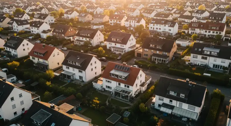 Aerial drone view of typical German residential neighborhood with mixed roof types, red and dark roof tiles, gardens visible, sunny day