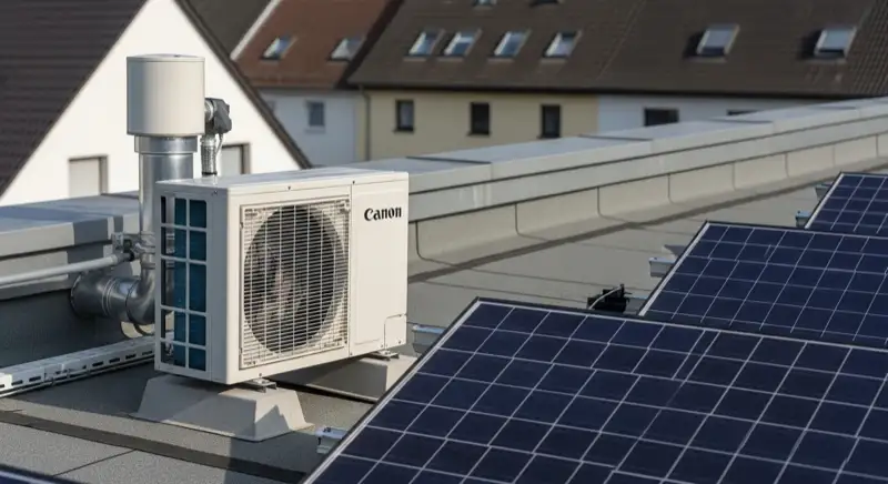 Wärmepumpen-Außeneinheit neben Photovoltaik-Modulen auf Hausdach in Bergisch Gladbach
