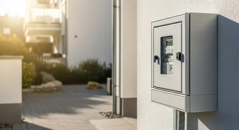 Modern German electrical meter cabinet (Zählerschrank) with smart meter and solar inverter connection, clean technical installation