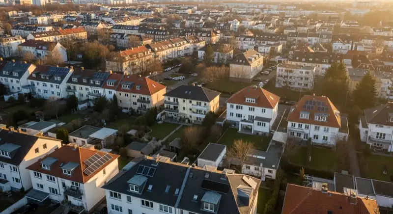 Aerial drone view of typical German residential neighborhood with mixed roof types, red and dark roof tiles, gardens visible, sunny day