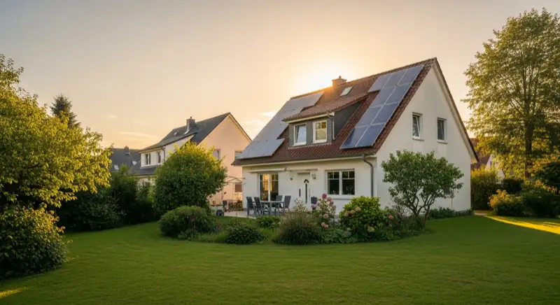 German detached house (Einfamilienhaus) with photovoltaic panels on pitched roof, well-maintained garden, warm afternoon sunlight