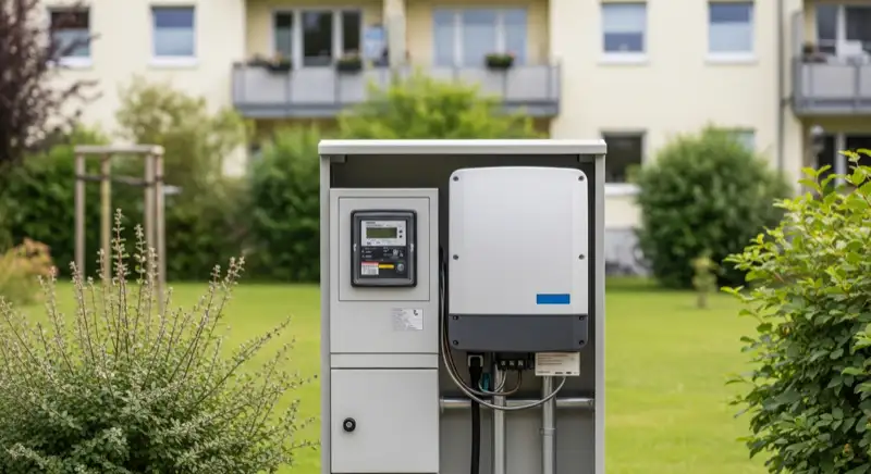 Modern German electrical meter cabinet (Zählerschrank) with smart meter and solar inverter connection, clean technical installation