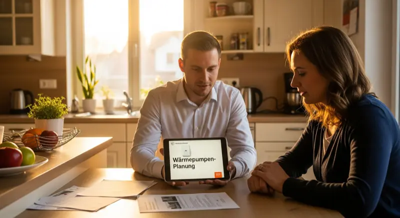 Moderne Luft-Wärmepumpe vor einem Einfamilienhaus in Bielefeld mit Teutoburger Wald im Hintergrund