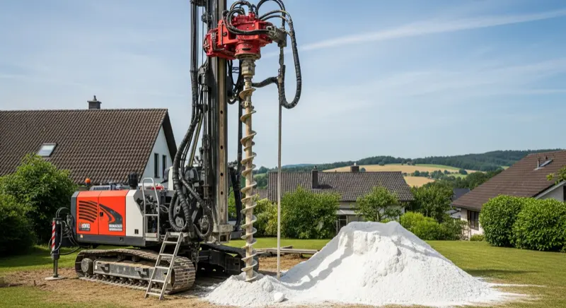 Fachhandwerker installiert Luft-Wasser-Wärmepumpe an einem Bielefelder Siedlungshaus