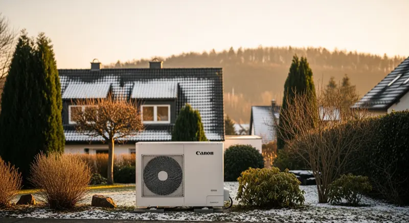 Energieberater zeigt Hauseigentümer die Wärmepumpen-Planung auf Tablet
