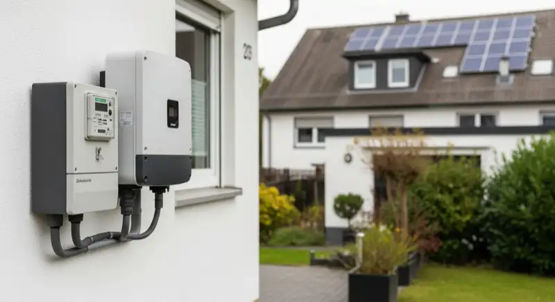 Modern German electrical meter cabinet (Zählerschrank) with smart meter and solar inverter connection, clean technical installation