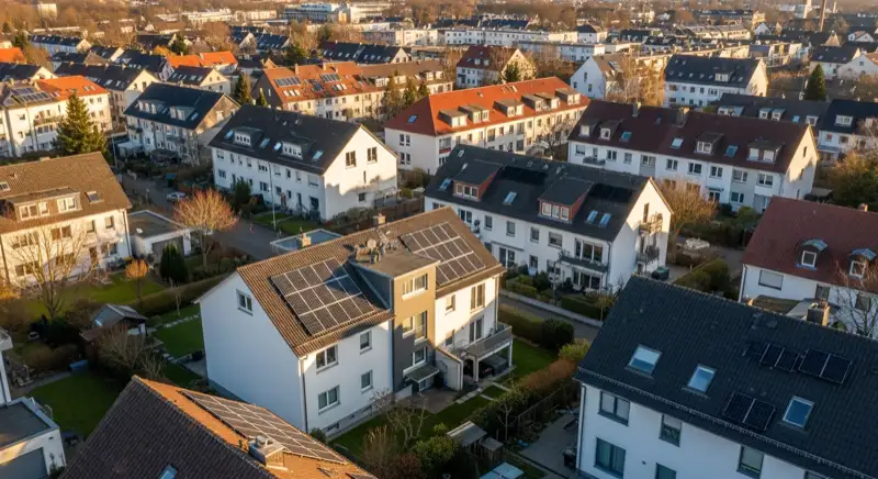 Aerial drone view of typical German residential neighborhood with mixed roof types, red and dark roof tiles, gardens visible, sunny day