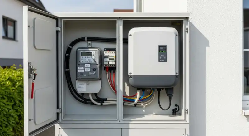 Modern German electrical meter cabinet (Zählerschrank) with smart meter and solar inverter connection, clean technical installation