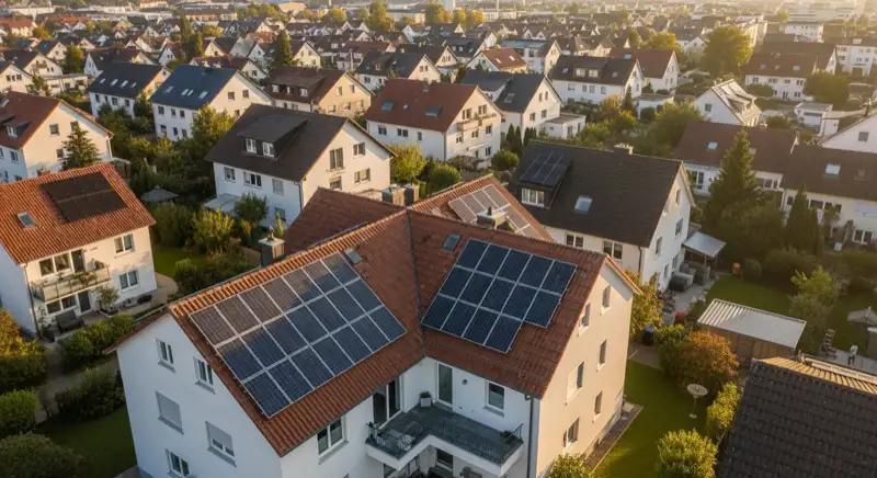 Aerial drone view of typical German residential neighborhood with mixed roof types, red and dark roof tiles, gardens visible, sunny day