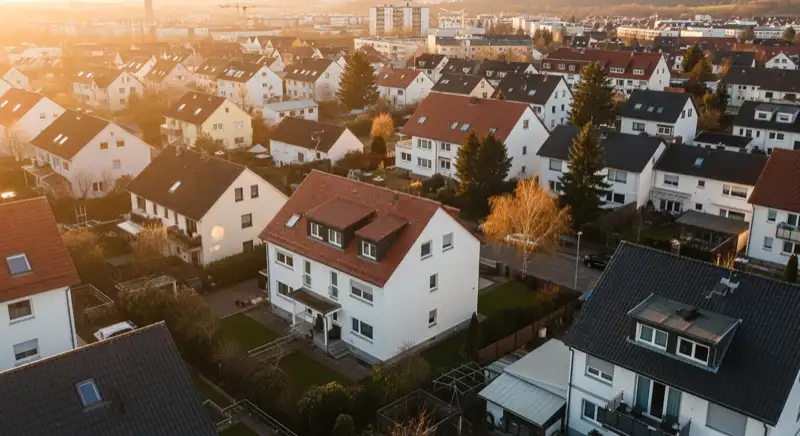 Aerial drone view of typical German residential neighborhood with mixed roof types, red and dark roof tiles, gardens visible, sunny day