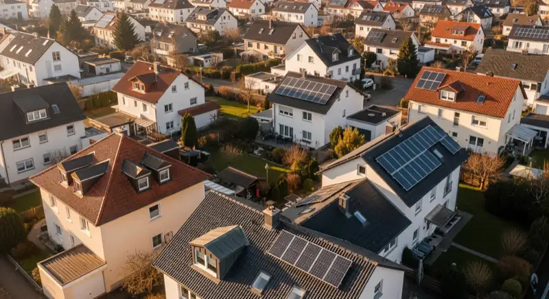 Aerial drone view of typical German residential neighborhood with mixed roof types, red and dark roof tiles, gardens visible, sunny day