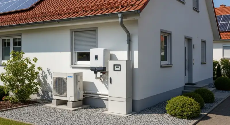 Modern German electrical meter cabinet (Zählerschrank) with smart meter and solar inverter connection, clean technical installation