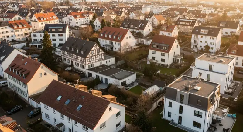 Aerial drone view of typical German residential neighborhood with mixed roof types, red and dark roof tiles, gardens visible, sunny day