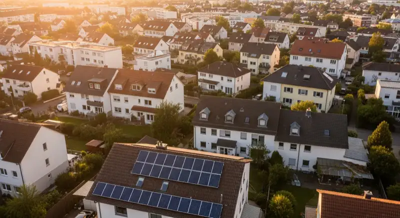 Aerial drone view of typical German residential neighborhood with mixed roof types, red and dark roof tiles, gardens visible, sunny day