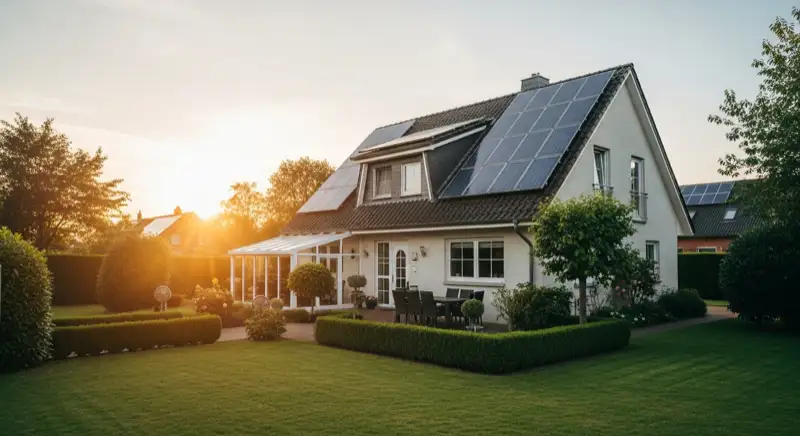 German detached house (Einfamilienhaus) with photovoltaic panels on pitched roof, well-maintained garden, warm afternoon sunlight