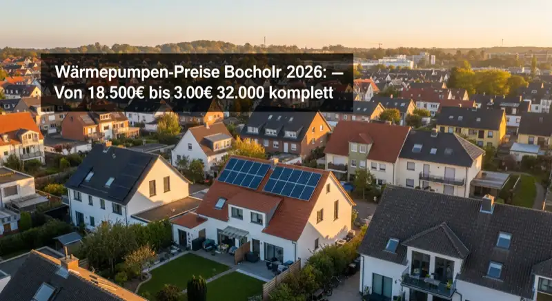 Aerial drone view of typical German residential neighborhood with mixed roof types, red and dark roof tiles, gardens visible, sunny day