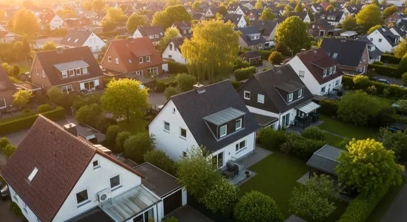 Aerial drone view of typical German residential neighborhood with mixed roof types, red and dark roof tiles, gardens visible, sunny day