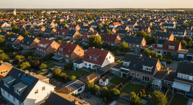 Aerial drone view of typical German residential neighborhood with mixed roof types, red and dark roof tiles, gardens visible, sunny day