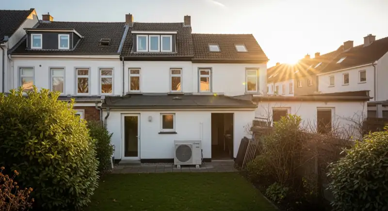 Bocholter Gründerzeithaus mit Wärmepumpen-Außengerät im Hinterhof