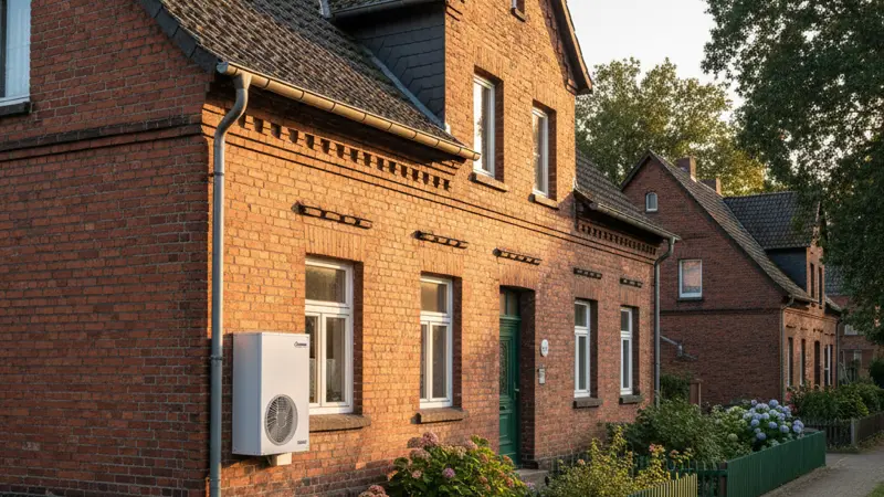 Moderne Luft-Wärmepumpe vor einem Bochumer Einfamilienhaus im Ruhrgebiet