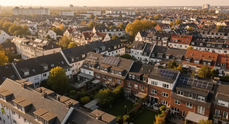 Aerial drone view of typical German residential neighborhood with mixed roof types, red and dark roof tiles, gardens visible, sunny day