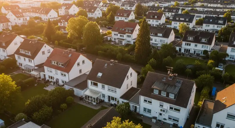 Aerial drone view of typical German residential neighborhood with mixed roof types, red and dark roof tiles, gardens visible, sunny day