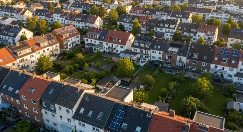 Aerial drone view of typical German residential neighborhood with mixed roof types, red and dark roof tiles, gardens visible, sunny day