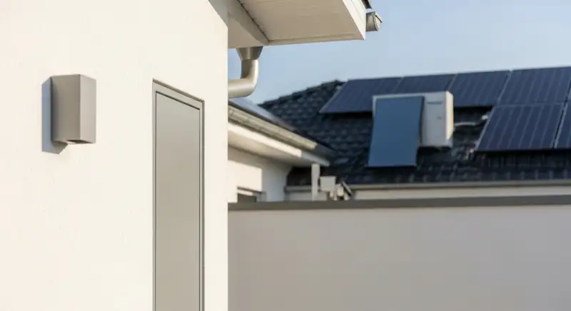 Modern German electrical meter cabinet (Zählerschrank) with smart meter and solar inverter connection, clean technical installation