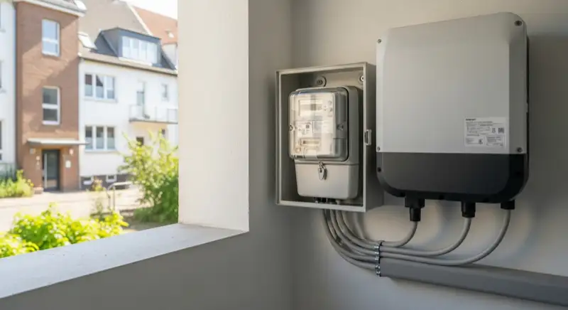 Modern German electrical meter cabinet (Zählerschrank) with smart meter and solar inverter connection, clean technical installation