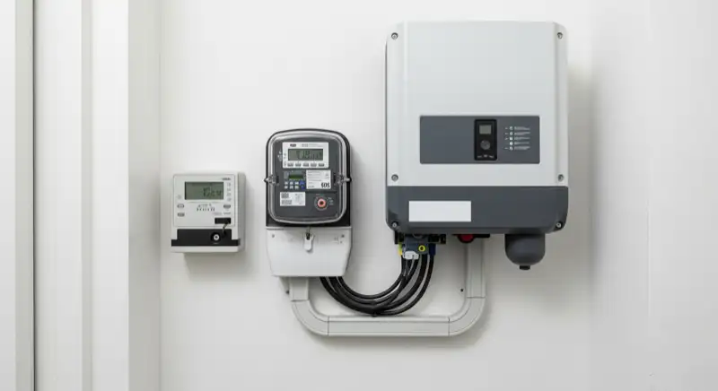 Modern German electrical meter cabinet (Zählerschrank) with smart meter and solar inverter connection, clean technical installation