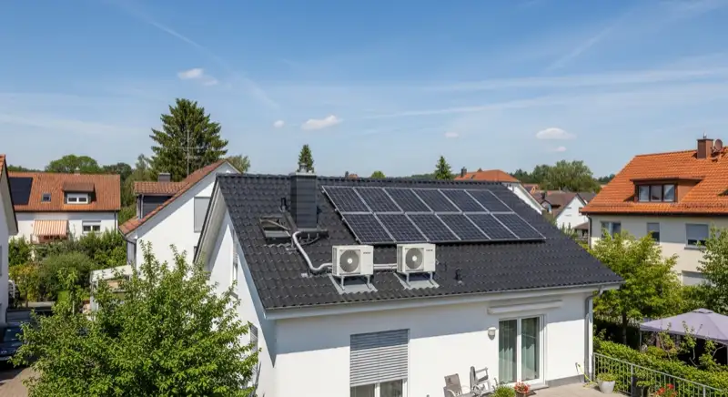 Einfamilienhäuser in Böblinger Wohngebiet mit Wärmepumpen-Außengerät im Vorgarten