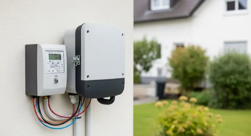 Modern German electrical meter cabinet (Zählerschrank) with smart meter and solar inverter connection, clean technical installation