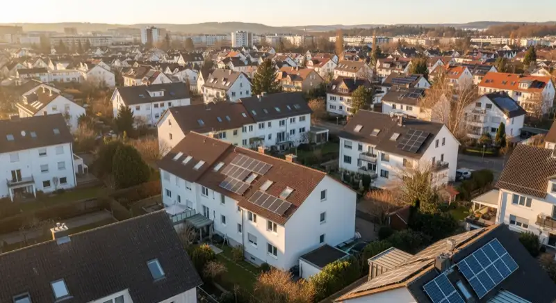 Aerial drone view of typical German residential neighborhood with mixed roof types, red and dark roof tiles, gardens visible, sunny day