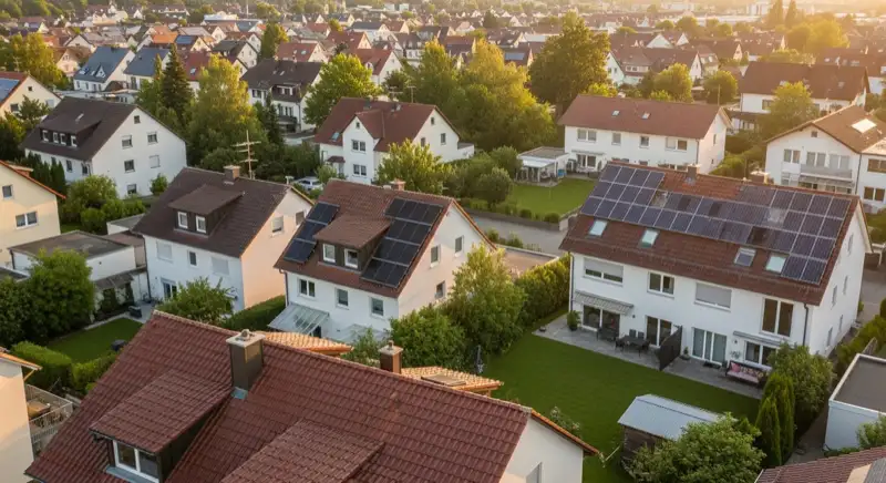 Aerial drone view of typical German residential neighborhood with mixed roof types, red and dark roof tiles, gardens visible, sunny day