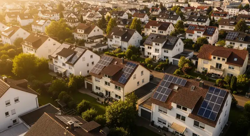 Aerial drone view of typical German residential neighborhood with mixed roof types, red and dark roof tiles, gardens visible, sunny day