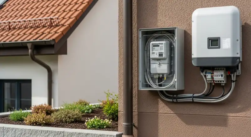 Modern German electrical meter cabinet (Zählerschrank) with smart meter and solar inverter connection, clean technical installation