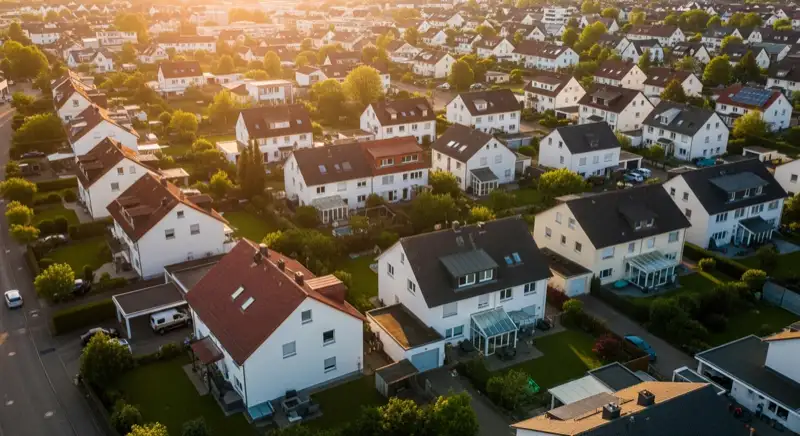Aerial drone view of typical German residential neighborhood with mixed roof types, red and dark roof tiles, gardens visible, sunny day