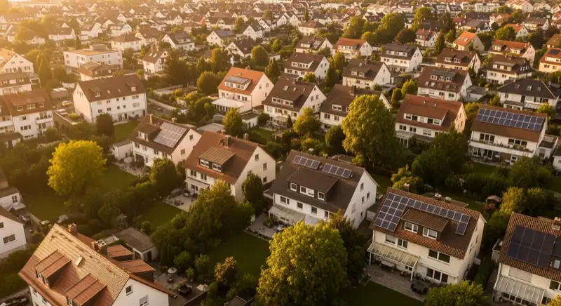 Aerial drone view of typical German residential neighborhood with mixed roof types, red and dark roof tiles, gardens visible, sunny day