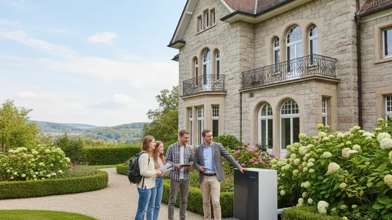 Moderne Luft-Wärmepumpe vor einem Bonner Einfamilienhaus mit Blick auf das Siebengebirge