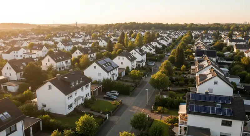 Wohngebiete in Bonn mit verschiedenen Bauformen, typische Einfamilienhäuser und Dachstrukturen aus der Luft