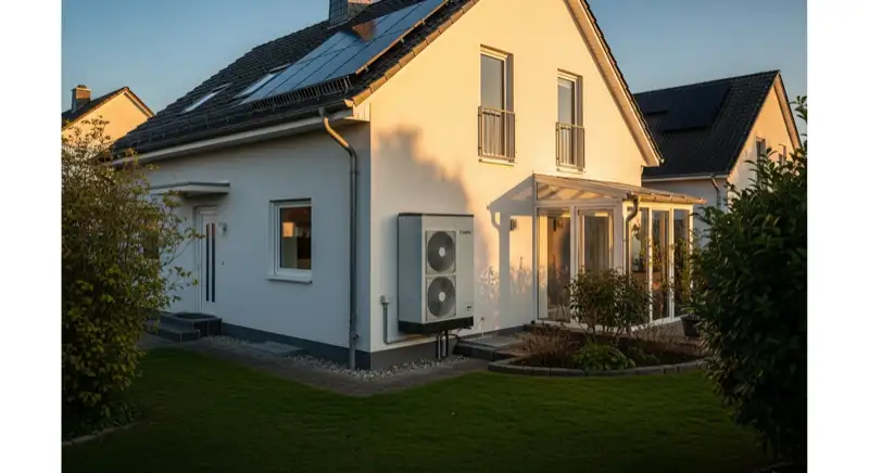 Hausbesitzer-Paar vor Einfamilienhaus in Bonn, sonniger Tag, positive Energie-Szenerie