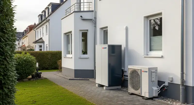 Wärmepumpen-Installateur bei der Montage einer Außeneinheit vor einem Einfamilienhaus in Bonn