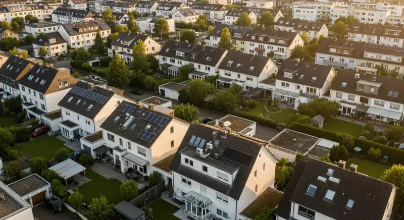 Wohngebiete in Bonn mit verschiedenen Bauformen, typische Einfamilienhäuser und Dachstrukturen aus der Luft