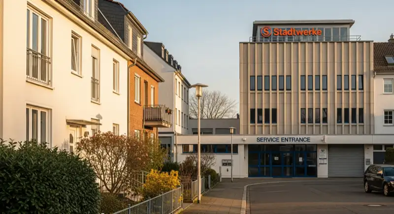 Blick auf das Stadtwerke-Gebäude in Bonn mit Service-Eingang, lokale Versorgeratmosphäre